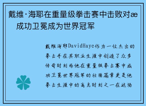 戴维·海耶在重量级拳击赛中击败对手成功卫冕成为世界冠军 戴维·海耶在重量级拳击赛中击败对手成功卫冕成为世界冠军