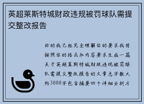 英超莱斯特城财政违规被罚球队需提交整改报告