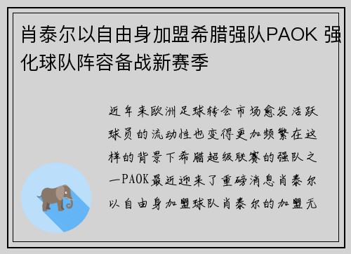 肖泰尔以自由身加盟希腊强队PAOK 强化球队阵容备战新赛季 肖泰尔以自由身加盟希腊强队PAOK 强化球队阵容备战新赛季