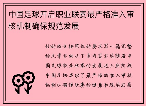 中国足球开启职业联赛最严格准入审核机制确保规范发展 中国足球开启职业联赛最严格准入审核机制确保规范发展